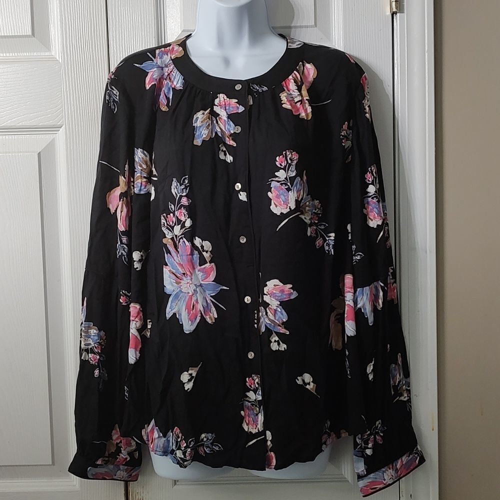 Kaari Blue Curvy Wish Floral La Vie Boheme Button Down  Blouse Top Sz 2X